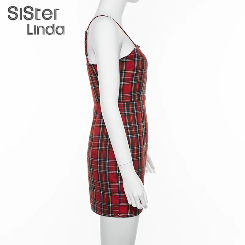 Sisterlinda Retro Red Plaid Mini Dress Women Wild Casual Party Dress Fashion Basic Ladies Short Sling Mini Dress Mujer 2020 New
