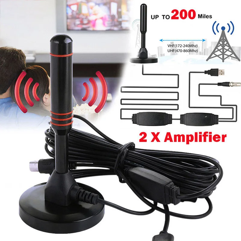 Комнатная цифровая антенна для ТВ HD 25 дБ усиленная с диапазоном 200 миль VHF UHF