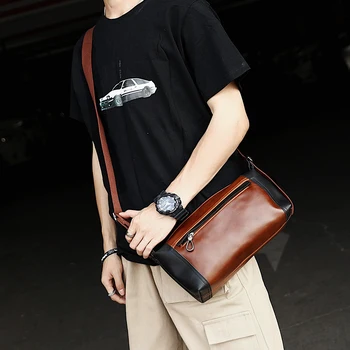 

2019 New Cool Fashion Panelled Men Bag Vintage Crazy Horse Leather Men Messenger Bags Korean Casual Shoulder Crossbody Bags
