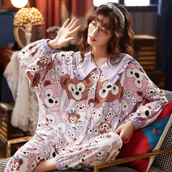 

QUEENX Pajamas Women's Long-Sleeved Spring and Autumn Cotton Winter Korean-Style Japanese-Style Cute Trousers Loose