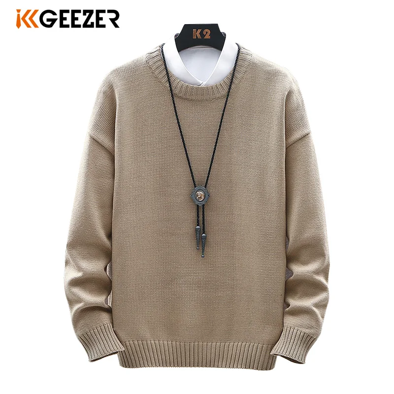Suéter clásico de gran tamaño para hombre, jerseys informales de Color sólido con cuello redondo, suéteres Vintage ajustados, moda cálida de otoño e invierno