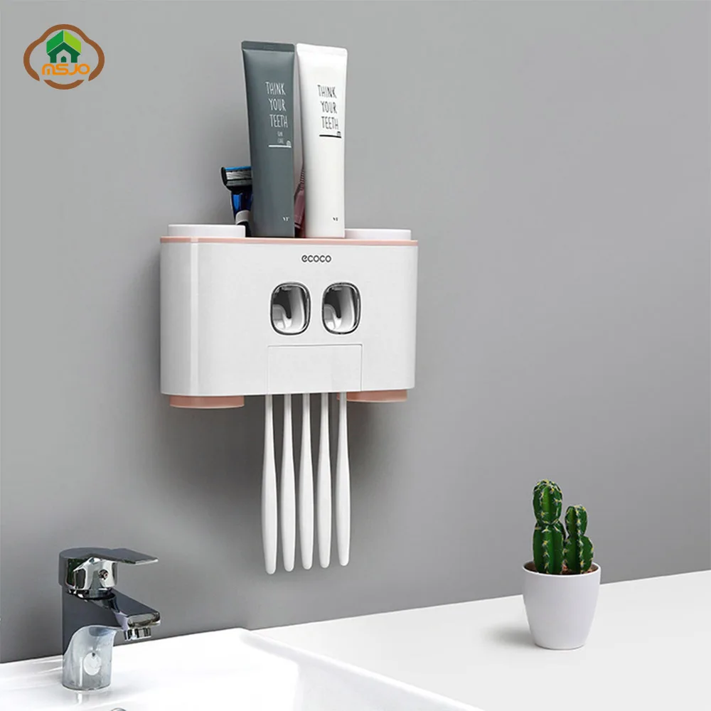 

MSJO Tooth Brush Holder Automatic Toothpaste Dispenser Squeezer Set Wall Mounted Cup Kids Decor Storage Bathroom Accessories Set
