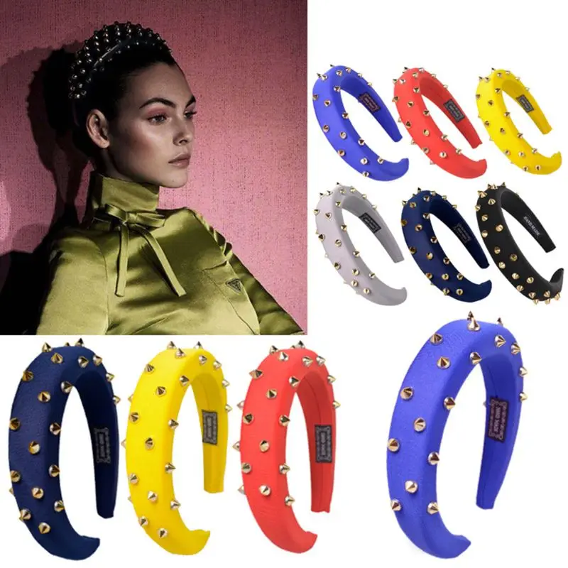 

European Vintage Metal Rivet Thick Headband Women Bright Candy Color Sponge Padded Wide Hair Hoop Party Styling Hair Accessories