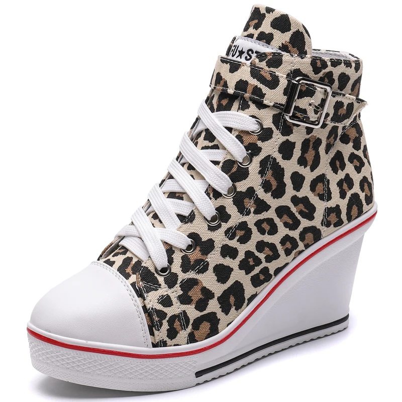leopard Новинка года; Модные женские высокие парусиновые кроссовки; обувь на танкетке; женские джинсовые ботильоны на шнуровке; женская парусиновая обувь - Цвет: leopard