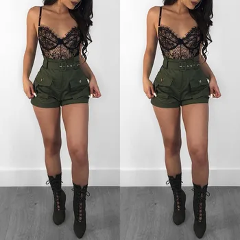 

Hirigin Women Summer Casual Army Green Shorts High Waist A-line Short Pants SLoose Belt Short Cargo High Street Wear