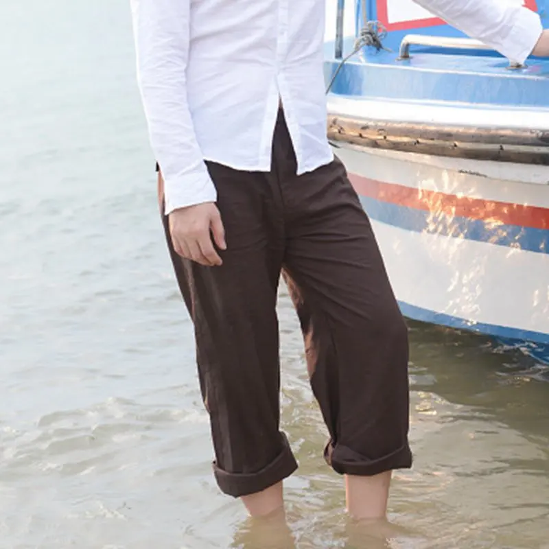 Мужские льняные свободные штаны пляжная на кулиске повседневные длинные Слаксы Брюки пляжные брюки DAJ9211