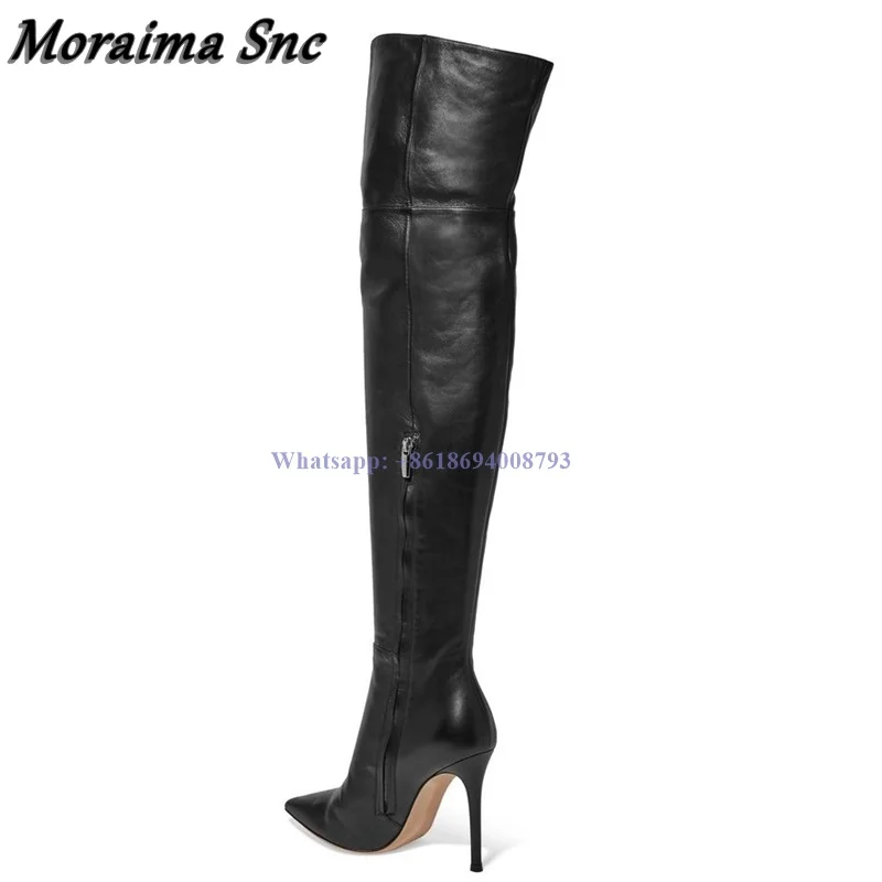 

Женские высокие сапоги выше колена, черные сапоги на шпильке с боковой молнией и острым носком, на тонком высоком каблуке