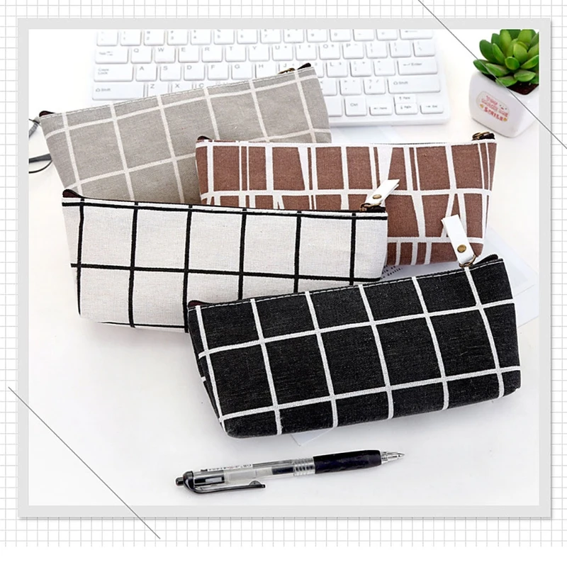 

Canvas Pencil Case School Pencil Bag Simple Striped Grid Pencilcase For School X6HB