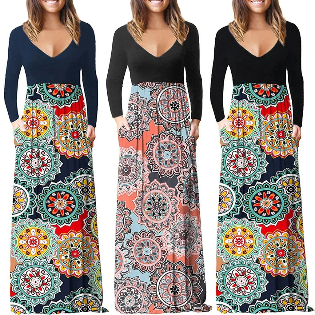 2019 Bohemian Women's Clothes Dress vestido longo Casual Long Sleeve Boho Floral Printed Maxi Loose Dress Robe With Pockets #C8