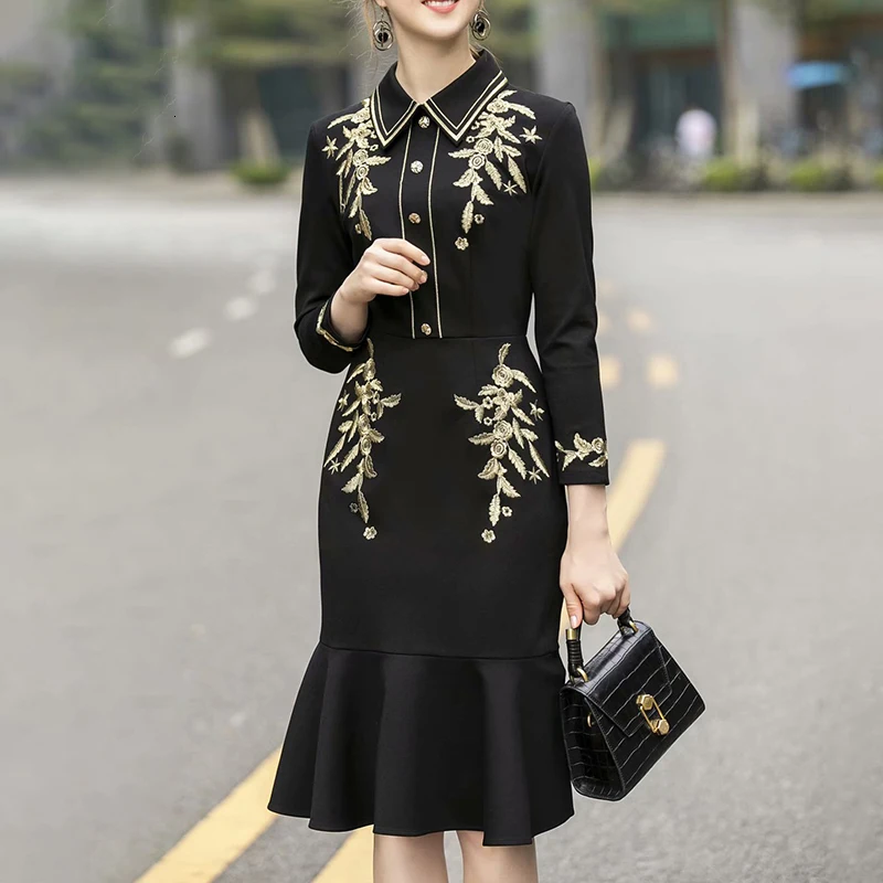

Patchwork Embroidery Print Dress For Women Lapel Collar Long Sleeve High Waist Mermaid Dresses Female Fashion