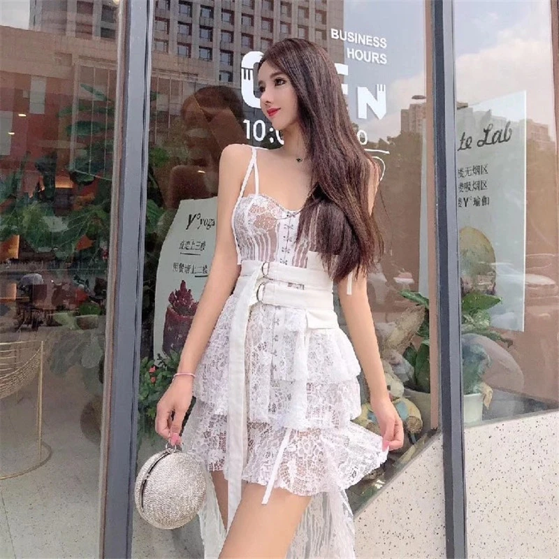 

New Women Summer Lace Dress Female Spaghetti Strap Irregular See Through Mini Dress Lady Club White Patchwork Runway Sexy Dress