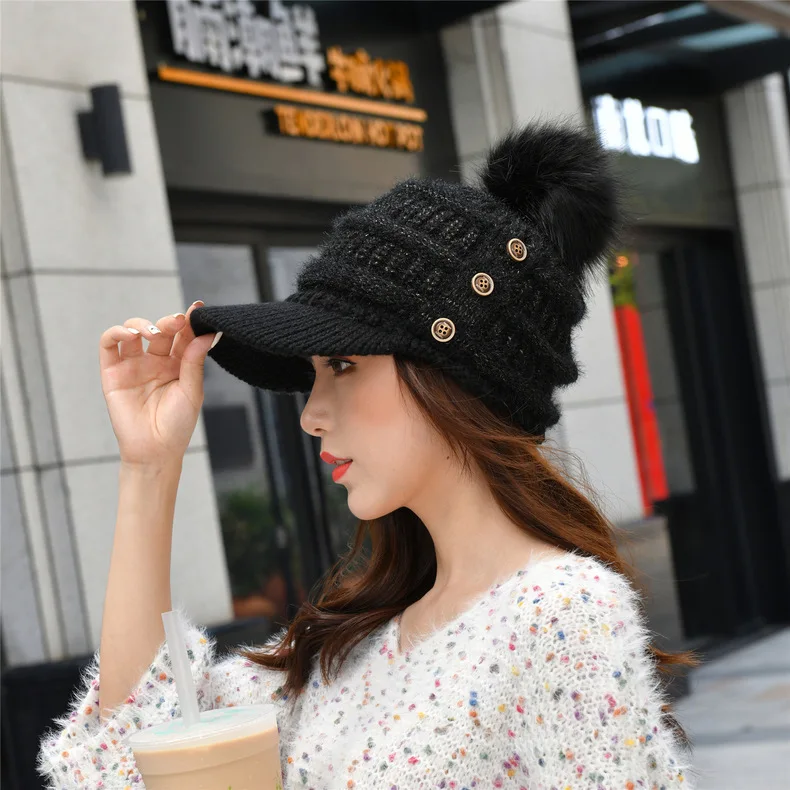 Sparsil, женская зимняя вязаная шапка с козырьком, модная меховая бейсбольная кепка, Уличная Повседневная мятая Кепка с конским хвостом
