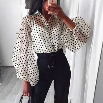 

Fashion Womens Tops and Blouses Elegant Long Sleeve OL Shirt Ladies Polka Dot Transparent Party Club Clothes Streetwear