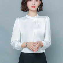 Korean Silk Women Blouses Elegant Women Stain Shirt Plus Size Womens Tops and Blouses Woman Long Sleeve Beading Blouses Shirts