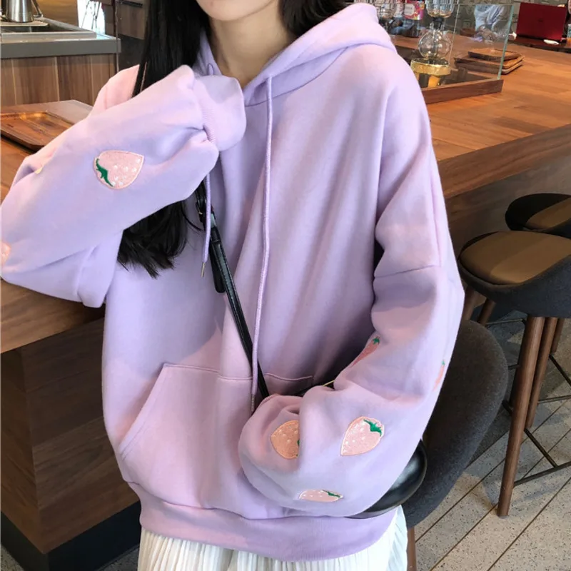 

Strawberry Embroidery Lavender White Sweatshirt Spring Autumn Women Loose Long Sleeves Tops Oversized Hoodie