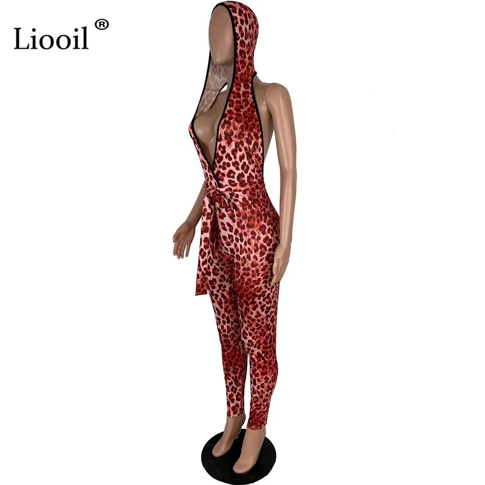 Liooil, Леопардовый принт, с капюшоном, сексуальный комбинезон в обтяжку с открытой спиной, без рукавов, v-образный вырез, шнуровка, бодикон, вечерние, Клубные комбинезоны, женский комбинезон