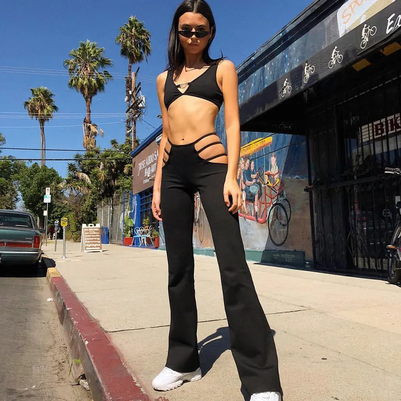 Sexy Women Cut Out Flare Pants Classic 