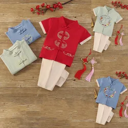 2Pcs Chinese Traditional Clothing for Kids New Year Costumes Boy T-Shirt Performance Clothes Spring Festival Cotton Top+Pants