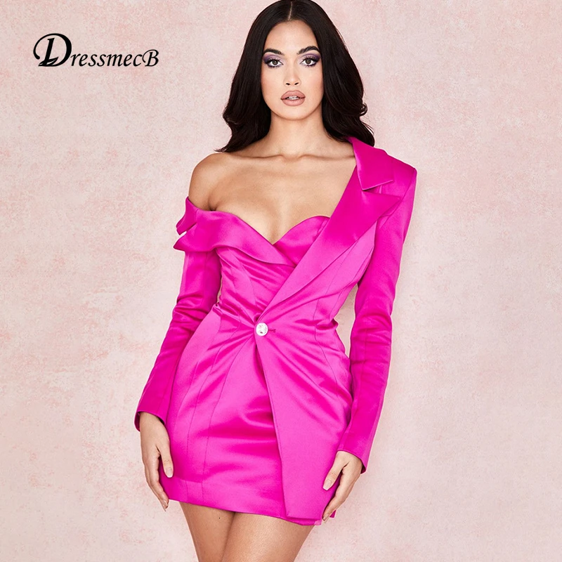 Dressmecb осеннее Новое асимметричное женское платье летнее сексуальное платье с v-образным вырезом и асимметричным рукавом с открытыми плечами офисное женское мини-платье
