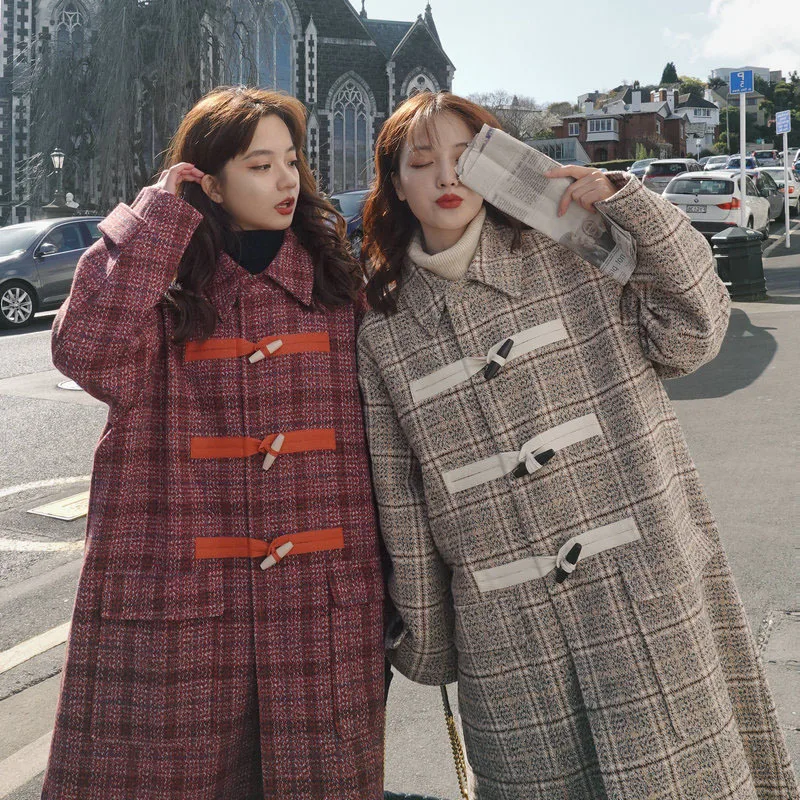 

Ox Horn Woolen Jacket Women's Loose-Fit Autumn And Winter 2020 Popular College Style Thick Plaid Overcoat Women's Mid-length