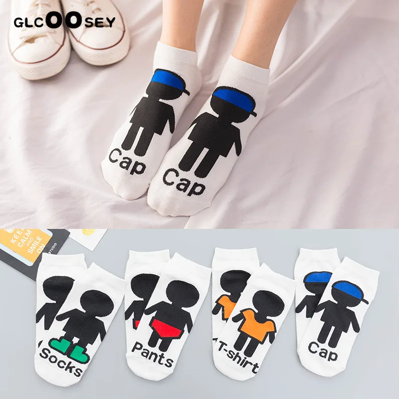 

4 Pairs/Pack Women Socks Couple Cartoon Little Doll Figure Character White Cotton Socks Cute Funny Slippers Ankle Socks Short