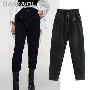 

Dave&Di 2020 new england vintage washed loose mom jeans woman collect waist high waist jeans rivet boyfriend jeans for women