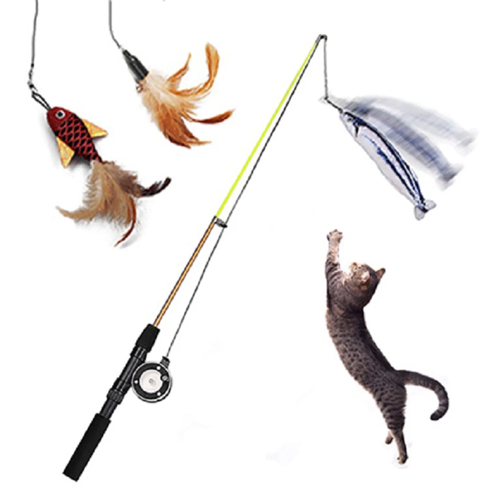 Funny Cat Kitten Stick Feather Fish Teaser Wand Wire Chaser Interactive