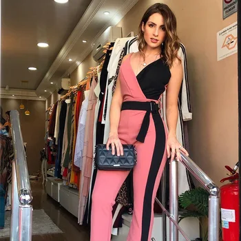 

2020 Summer Spaghetti Strap Jumpsuit Women V Neck Sleeveless Patchwork Belts Rompers Pants Trousers Office women clothes S-XL