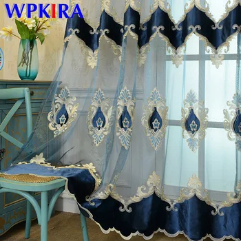 

European Luxury Embroidered Blue Lace Sheer Curtains for Living Room Window Drapes Coffee Stitching Fabric Tulle Curtain M021D4