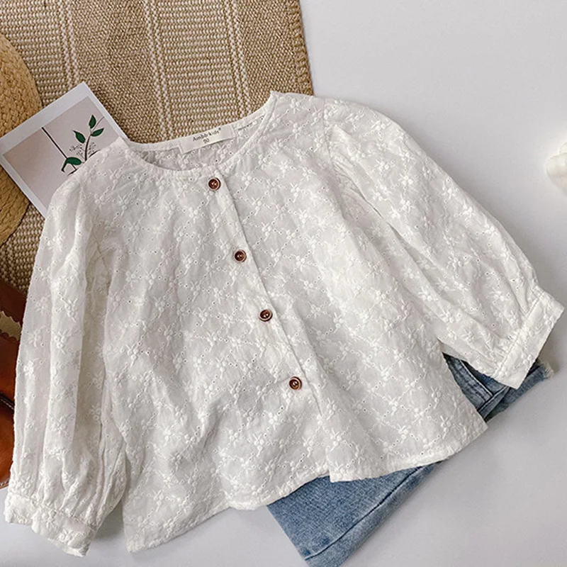 

Кружевная блузка для девочек, детская рубашка, милая детская одежда, жаккардовые топы с вышивкой и длинным рукавом для девочек QZ120