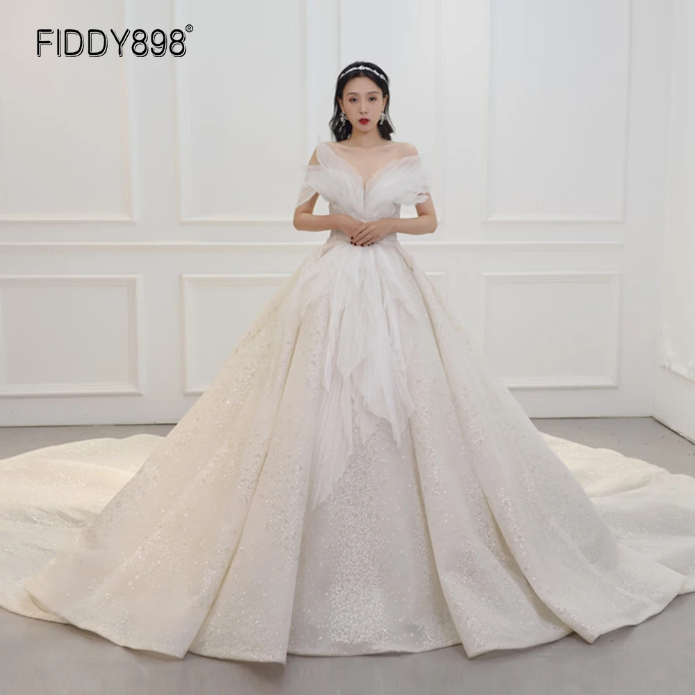 

Блестящее женское свадебное платье с открытыми плечами, роскошное женское свадебное платье с бисером, модель 2020