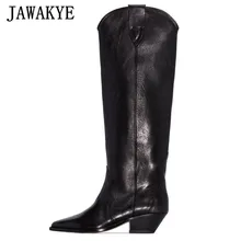 Женские сапоги до колена из натуральной кожи в западном стиле; Цвет Черный; зимние сапоги с острым носком; женские ковбойские рыцарские Сапоги на каблуке «рюмочка»