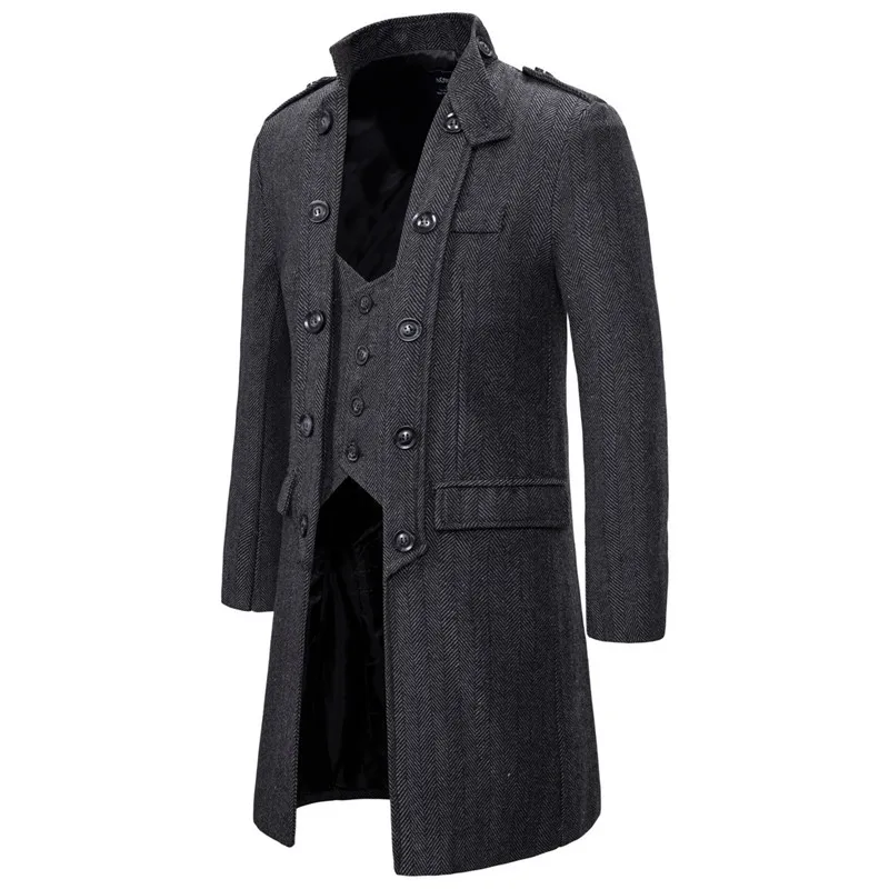 Мужская куртка в стиле стимпанк, новинка, зимний шерстяной Тренч, два ложных жилета, серые шерстяные куртки Masculinity