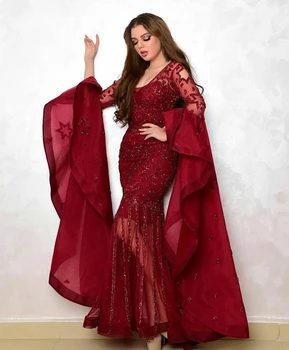 

Prom Dresses With Sleeves 2020 long Saudi Arabia Luxury For Women Red Sequined Beading Formal Evening Party Gowns plus size