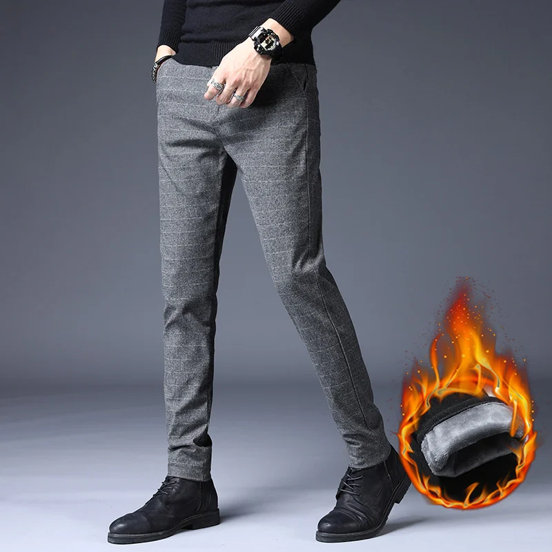 Мужские Зимние флисовые, тёплые штаны мужские повседневные тонкие плотные штаны для мужчин модные бархатные деловые Черные Серые Рабочие Брюки homme - Color: Gray