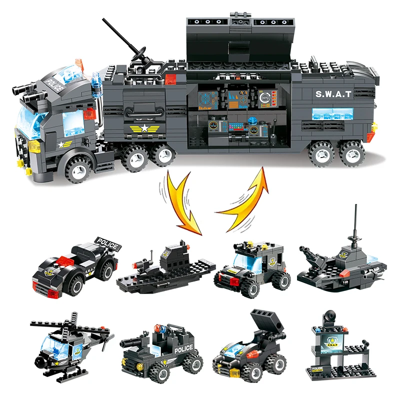 SWAT City Police Series Building Blocks 8 in 1 Vehicle Helicopter Police Station Bricks Compatible LegoING DIY Blocks Toys Gifts