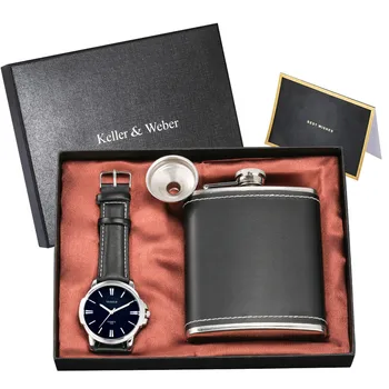 

Quartz Wristwatch for Men Chic Gifts Set Including Hip Flask Funnel Present Box Male Clock Sets