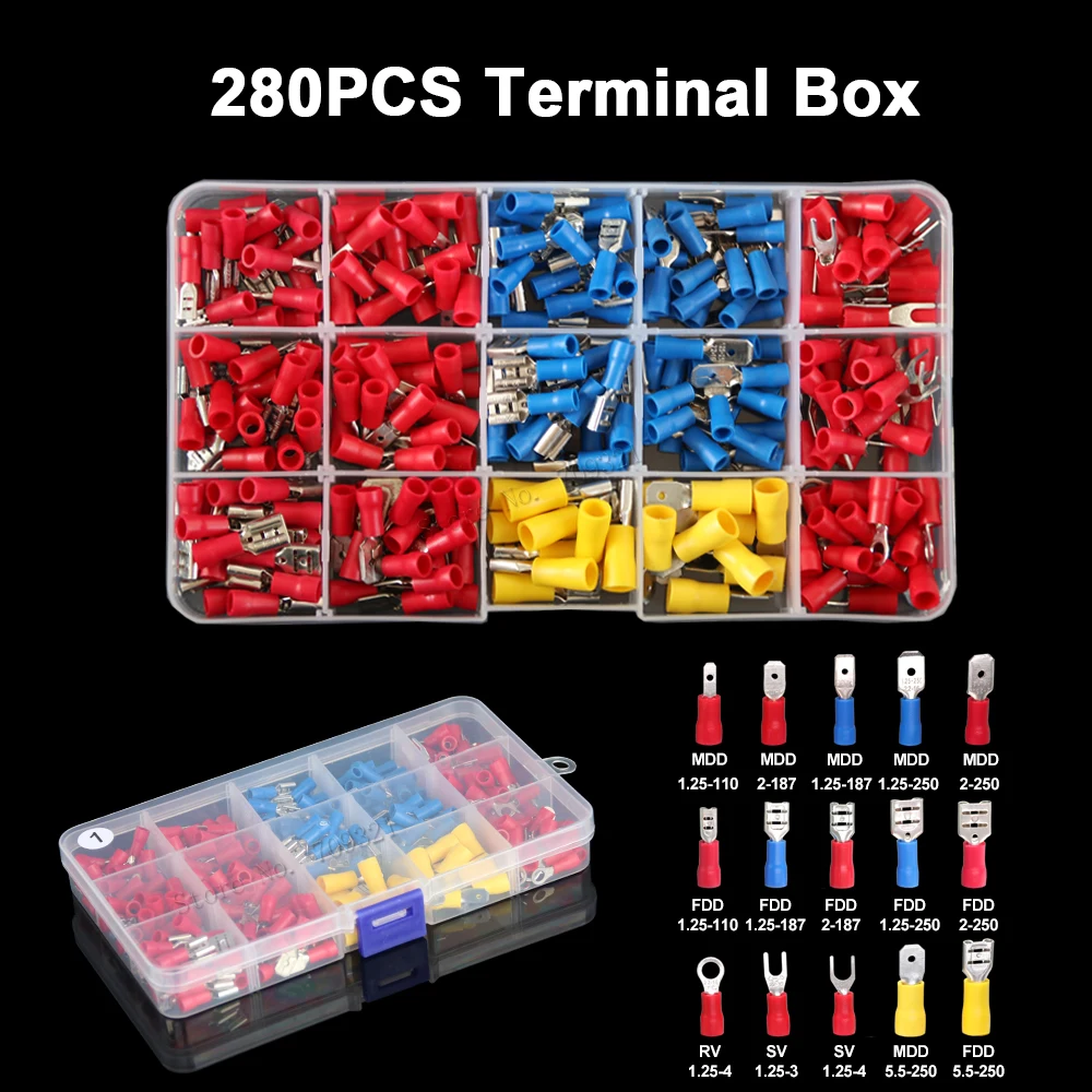 280PCS Insulated Wire Connectors Crimp Spade Fork Ring Electrical Terminals Kit