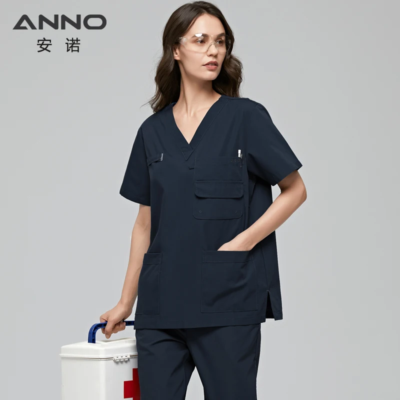 ANNO Multiple Pockets Scrubs Set Work Uniform Hospital Classic Form Foctor Woman Man Nursing Wear Dental Clothing