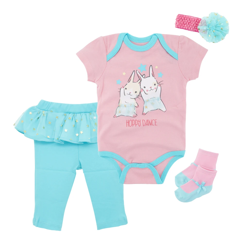 

2019 Baby Girls Clothes Set Summer Short Sleeve Pink Printing Baby Rompers Bodysuit+hair circle+Sock+Pants Newborn Baby Clothing