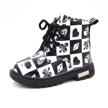 

Kids Snow Black and White Squares Boots for Boys Girls Fashion Leather Lattice Waterproof Martin Rubber Shoes Kids Boots