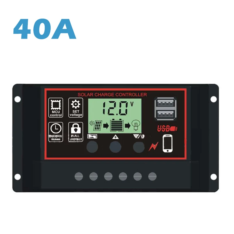 10/20/30A 12 V/24 V Авто за максимальной точкой мощности, Солнечный контроллер заряда PWM 5V Панели солнечные Батарея контроллер с двойным USB ЖК-дисплей Дисплей - Цвет: Black 40A