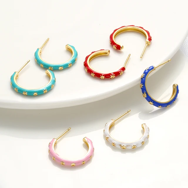 ZHUKOU gold color Enamel Flower drop Earrings Creative and cute summer  Dripping oil small hoop earrings jewelry wholesale VE437