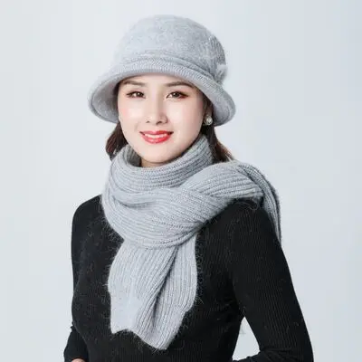 Новая женская меховая женская шапка, однотонный шарф и набор с шапочкой, зимние толстые теплые шапки из кроличьего меха, шапки среднего возраста - Цвет: gray Hat Scarf 2pc