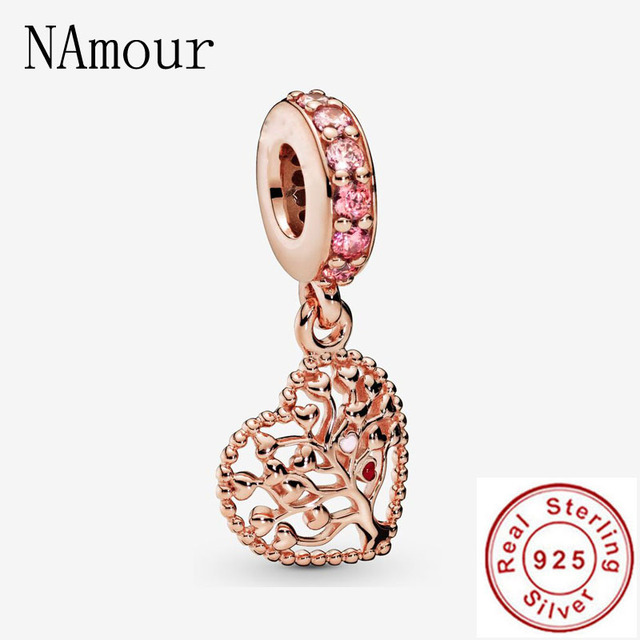 925 Sterling Silver Beads Charm Rose Gold Mother Son Family Tree  Charms Fit Original Pandora Bracelets Women Jewelry