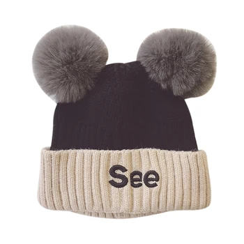 

Cute Warm Kids Girls Boys Baby Plush Ball Design Patchwork Hats Knitted Hemming Caps Winter