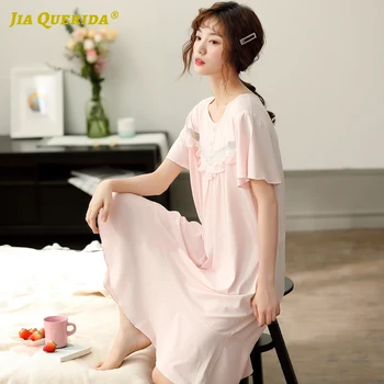 

Short Sleeve Pink V Neck Sleep Dress Home Dress Long Shirt Elegant Night Dress Night Gown Nightwear Fashion Style Dressing Gown