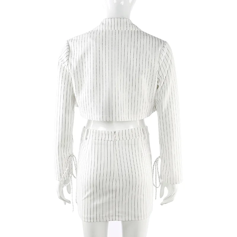 Autumn New Women Striped Two Piece Set Casual Turn-Down Collar Long Sleeve Button Blazer Crop Top Mini Skirt Suit HS7782W08