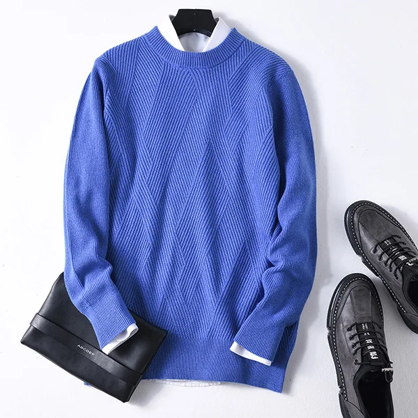 Зимние мужские кашемировые свитера и шерстяной вязаный пуловер мужской свитер с длинными рукавами с круглым вырезом мужские свитера Топы - Цвет: Синий