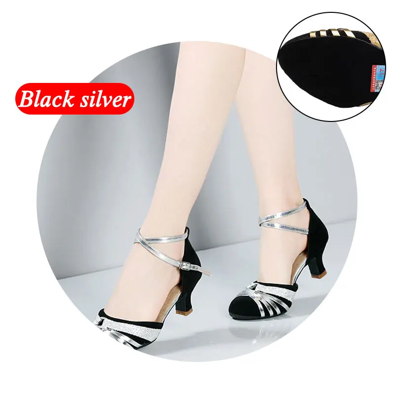 Женская обувь для латинских танцев; женская обувь для танго, бальных танцев с закрытым носком; женская обувь для танцев на мягкой подошве; Каблук 5,5 см; - Цвет: Black silver suede